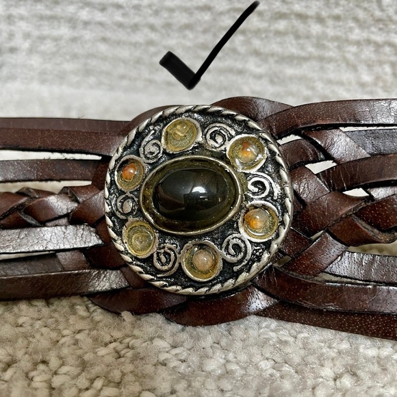 Vintage Dk Brown Braided Woven Concha's Stones Substantial Hardware Leather Belt - Picture 8 of 15